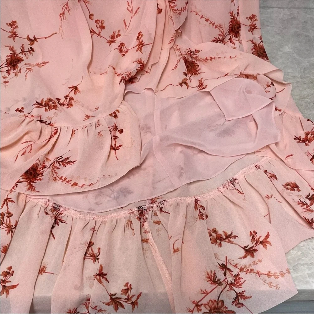 Cinq a Sept Fleur Sheila Faux Wrap dress. pale roseFloral Pink Ruffle Wrap Dress - Picture 15 of 15